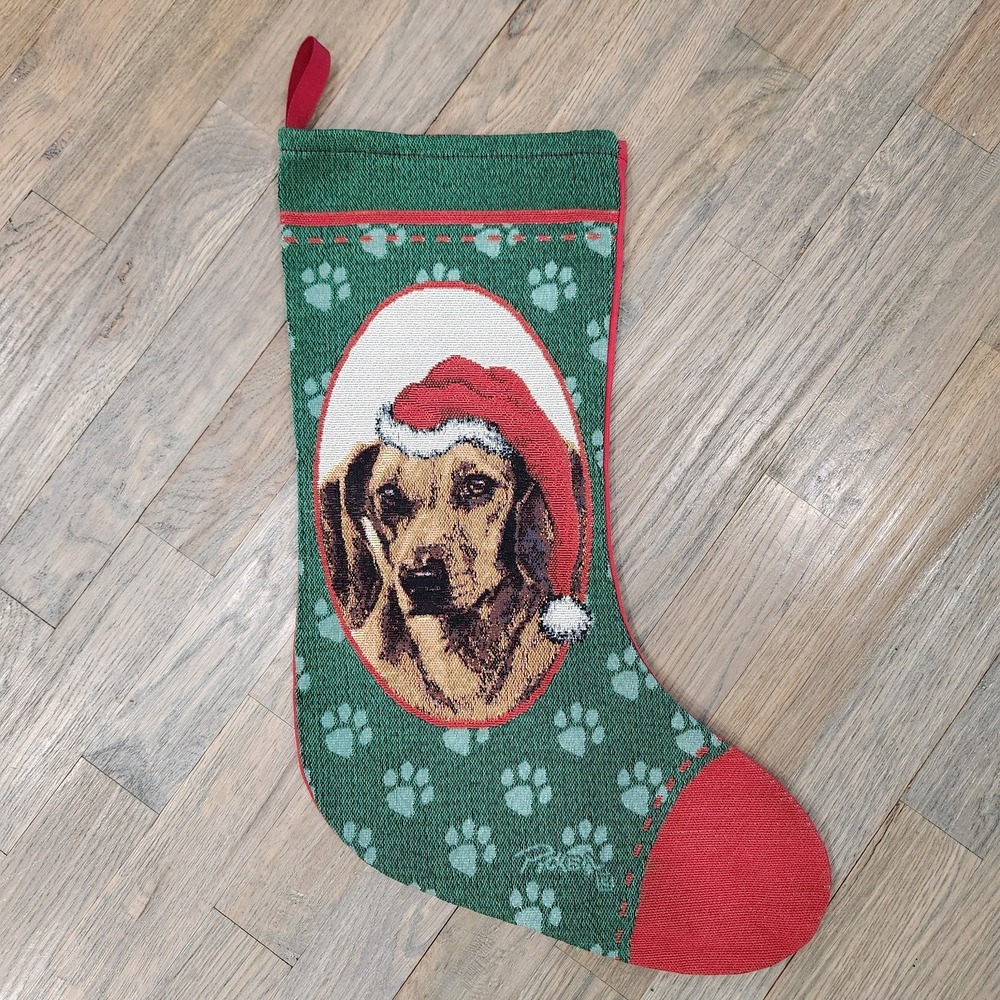 Tan Dachshund Weiner Dog Christmas Tapestry Stocking Red Green Paw Print Picken - Picture 2 of 13